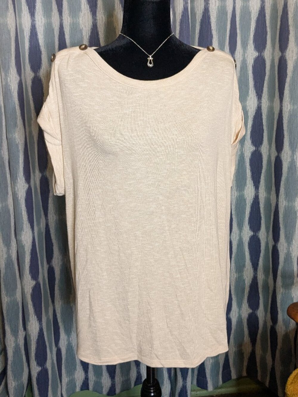 Kaileigh XL Cream Button Shoulder Knit Top Short Sleeve Blouse